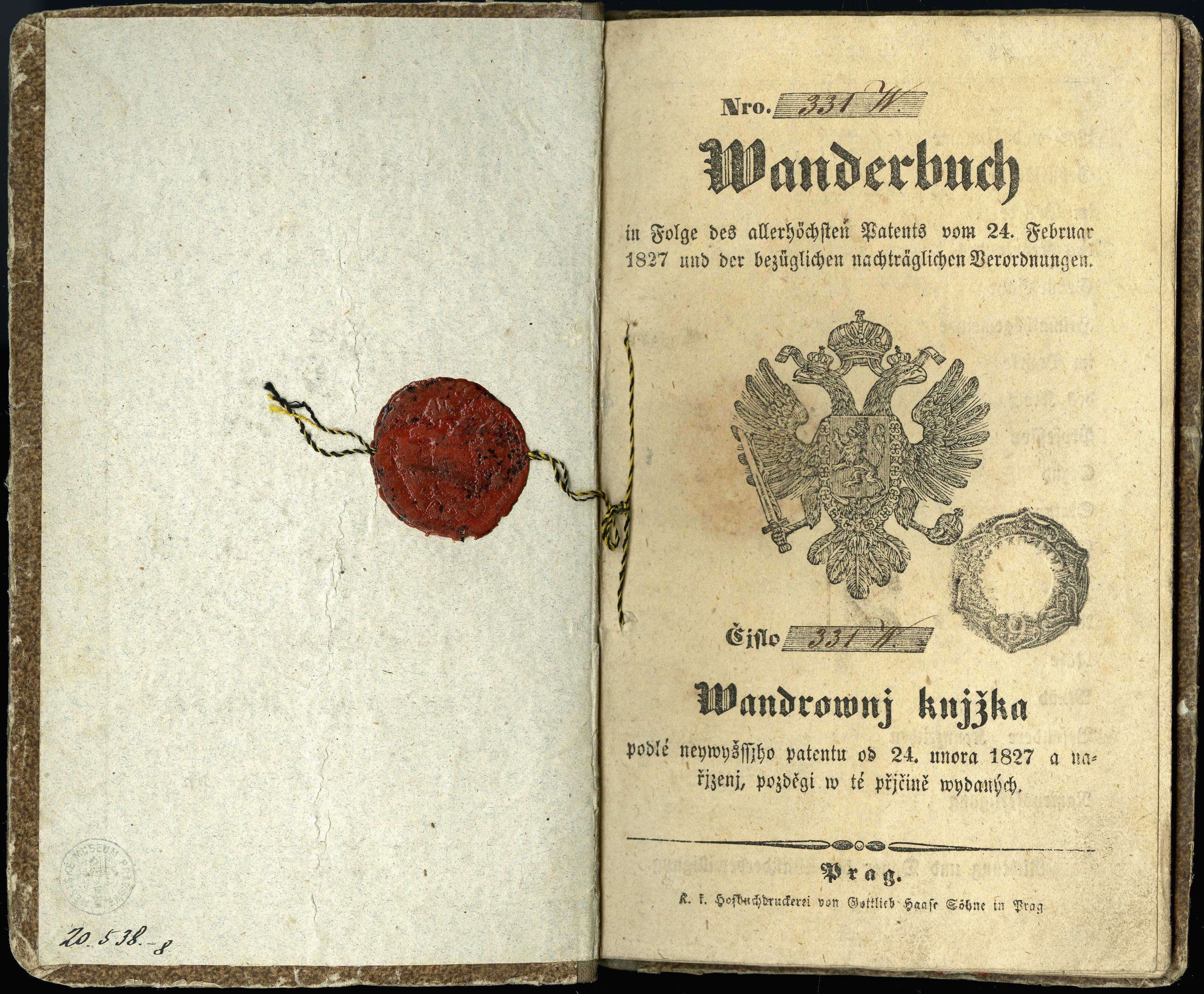 Obr. 7 Vandrovní knížka Antona Wenzlíka, 1. polovina 19. století
